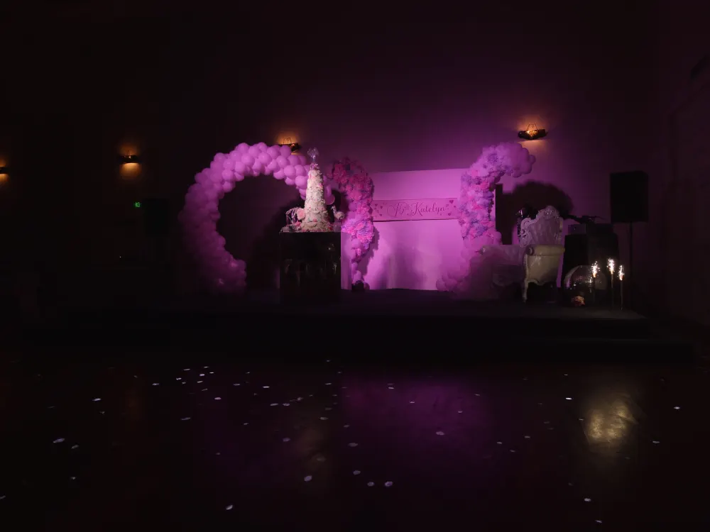 Sector de fiesta de 15 con sillón de princesa, torta y luces magenta