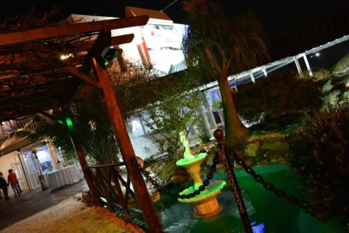 Jardín exterior con pérgola de madera y estanque iluminado en verde